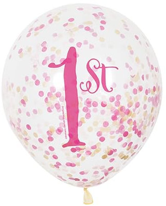 Unique Party -58165- Ballons à Confettis - 30 cm - 1ère Fête d’Anniversaire à thème Rose et Or - Paquet de 6