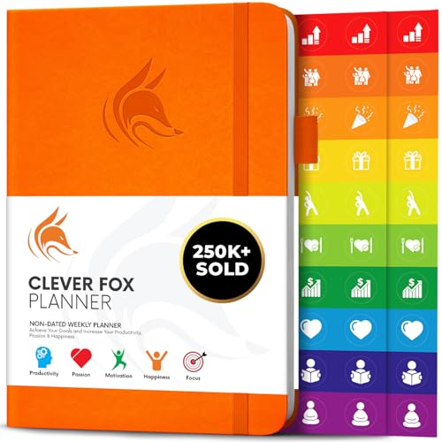 Clever Fox Weekly Planner Undated, Monthly & Daily Notebook, Orange | Goal & time management journal, to-do list, daily habit tracker, stickers, 120gsm paper, for women, men & teens