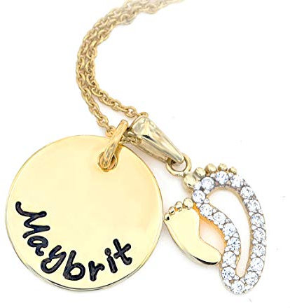 Persönlich gestaltete Babyfuß Halskette 8 Karat Gold mit Gravur, personalisierte Goldkette, Geschenk zur Geburt