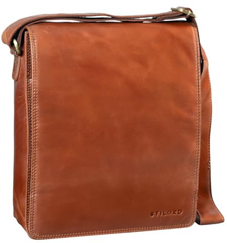 STILORD 'Lars' Vintage Umhängetasche Leder Herren Hochformat für 13,3 Zoll Tablet MacBooks und iPad Schultertasche Herrentasche Messenger Bag Echtleder, Farbe:cognac - glänzend