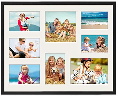 PHOTOLINI Bilderrahmen 40x50 schwarz Holz MDF, Foto Bilderrahmen 50x40 mit Passepartout für 8 Bilder, bruchsicheres Acrylglas, Rahmen 40x50 zum Aufhängen mit Zubehör - picture frames für Fotos, Poster