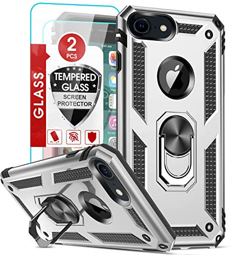 LeYi Coque pour iPhone SE3 2022/8/7/SE 2020/6/6s avec 2 Verre Trempé, Anneau Support Militaire Anti-Chute Renforcée Bumper Antichoc TPU Souple et PC Rigide Protection Etui Argent