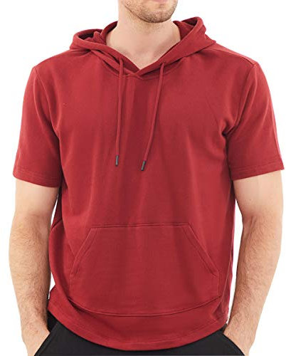 Dubinik Short Sleeve Hoodie for Men Casual Lightweight Sweatshirts with Kangaroo Pocket Burgundy