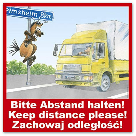 Comic-Schilder.de LKW - Bitte Abstand halten! Aufkleber für den Pferdeanhänger 3-sprachig (deutsch/englisch/polnisch)