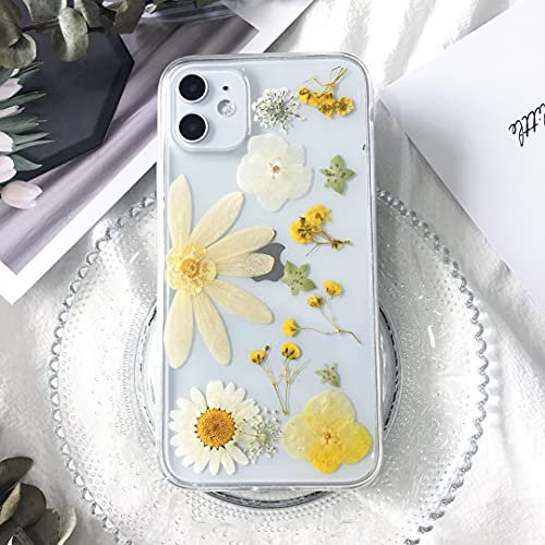 Tybiky iPhone 11 Pro Hülle Echte Blumen HandyHülle Transparent Gummi Kristall Schutzhülle Handgefertigten Bunter Getrocknete Blumenart Case Cover für Apple iPhone 11 Pro. Halbe Chrysantheme