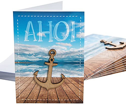 Logbuch-Verlag 10er Set Grußkarten maritim Ozean mit Text AHOI - mit Holzanker Deko - Hochzeitskarte Geburtstagskarte mit Kuvert