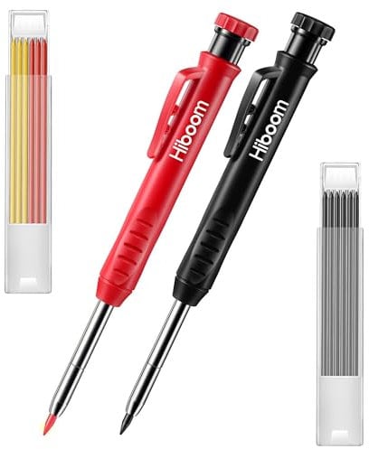 Hiboom 2 Stück Solider Tischler Bleistift mit 14 Minen, Langnasiger Tiefes Loch Mechanischer Bleistift Marker mit Eingebautem Anspitzer für Holzbearbeitung Vatertag Geschenk (Schwarz, Rot)