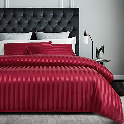 Damier Bettwäsche 155x220cm Rot Satin Glanz gestreift Bettwäsche Set Seidig glänzend Luxus Deckenbezug mit verdecktem Reißverschluss - 155 × 220 cm + 80 × 80 cm, Weinrot