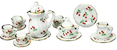 Juego de té en miniatura para casa de muñecas, taza de porcelana, plato con estampado floral de cereza, accesorios 1:12, artículos de comedor, 15 piezas, durabilidad y conveniencia