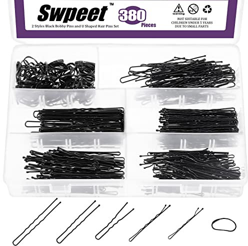 Swpeet 380Pcs 2 Styles 1.9Inch 2.4Inch 2.7Inch Black Hair Pins Bobby Pins with Rubber Bands Kit, Including 120Pcs Bobby Pins and 160Pcs U Hair Pins Hair Clips with Soft Elastic Bands