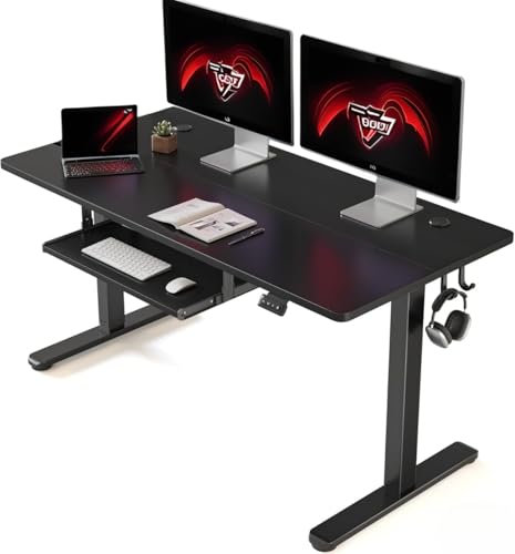FEZIBO Height Adjustable Electric Standing Desk with Keyboard Tray, 120 x 60 cm Sit Stand up Desk with Splice Board, Black Frame/Black Top