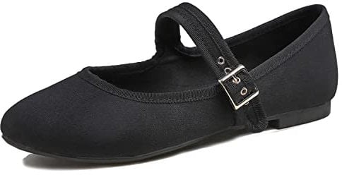 Feversole Women's Soft Breathable Mary Jane Memory Foam Cushioned Comfort Round Toe Metal Buckle Flats Walking Shoes Black Canvas Size UK 6