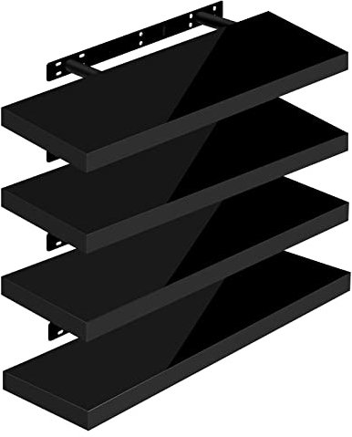 WOLTU Étagères Murales,Tablette Murale de Lot de 4, Étagère Flottante, Étagère à Livres, CD DVD, Panneau de Bois, 70x22,9x3,8cm, Noir, RG9479sz-4