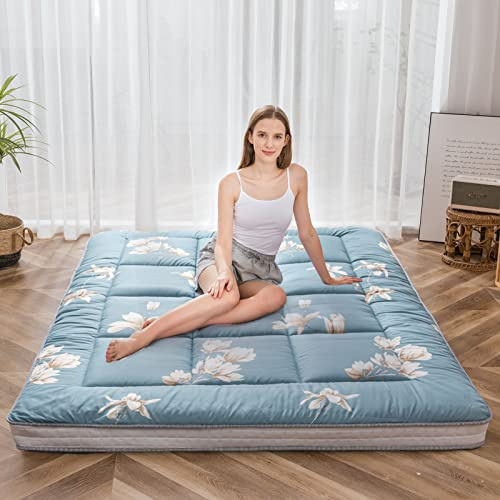 MAXYOYO Futon Matratze, gepolsterte japanische Bodenmatratze, Gesteppte Bett-Matratzenauflage, extra Dicke Faltbare Isomatte, Gästebett für Camping Couch (Blaue Blume, 90 x 190 cm)