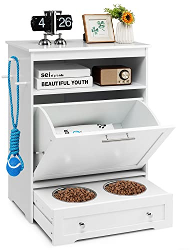 GOPLUS 2 in 1 Tierfutterschrank, Futterstation mit 2 Edelstahlnäpfen, 3 Haken & Auszugsschrank, Tierfutterautomat mit großem Stauraum für Tiernahrung, Spielzeug & Leckerlis, Weiß