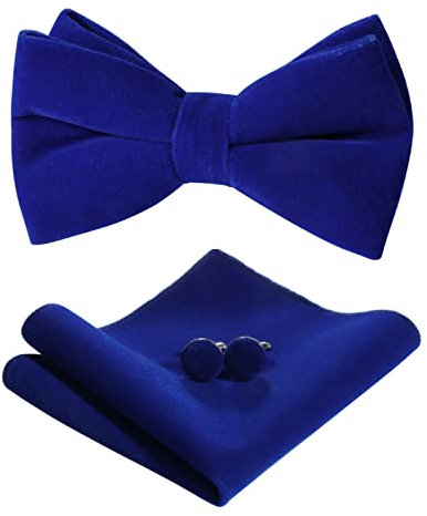 HOULIFE Fliege Herren Set - Verstellbare Fliege aus Samt Vorgebunden Fliege, einfarbige Einstecktuch, Manschettenknöpfe Set für Bräutigam Hochzeit formal mit Geschenkbox, Blau