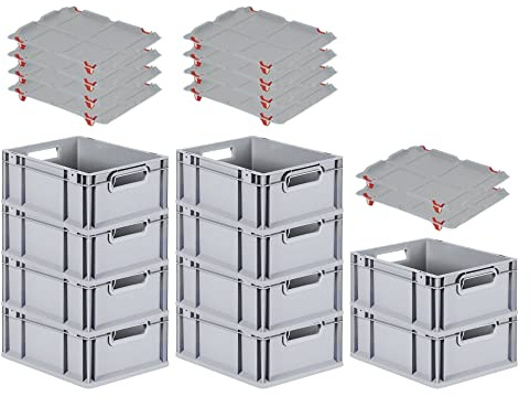PROREGAL SuperSparSet 10x Eurobox NextGen Grip mit Auflagedeckel & 4 roten Schiebeschnappverschlüssen, HxBxT 17x30x40cm, 16 L, Grau, Griffe offen, Eurobehälter, Transportbox