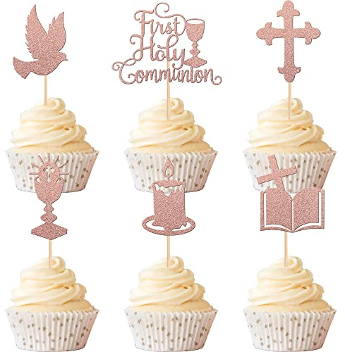 Xsstarmi 36 PCS First Holy Communion Cupcake Toppers Rose Gold Glitter God Bless Dove Cross Cupcake Picks First Communion Cake Decorations for God Christian Baptism Theme Baby Shower Birthday Party