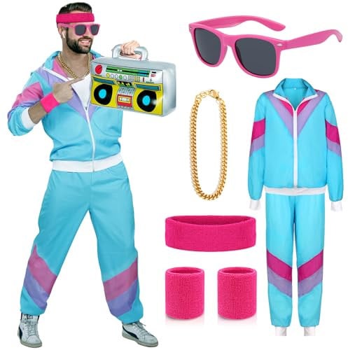 ATOWORLD 1980s Fancy Dress Shell Suit for Men and Women - 90s Costume, Stag Do Outfit, Theme Clothes, Scouser Tracksuit With Jacket, Pant, Accessories (L)