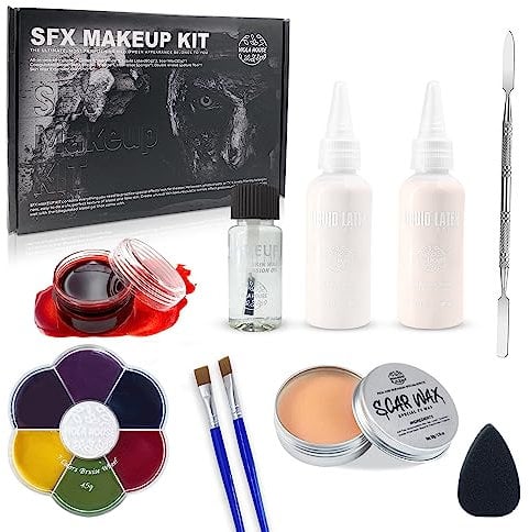 VIOLA HOUSE SFX Makeup,trucco di Halloween,vernice per il corpo viso+cera per cicatrici+olio di cera+lattice liquido+sangue finto+strumento a spatola+spugna per graffiare+spazzola.