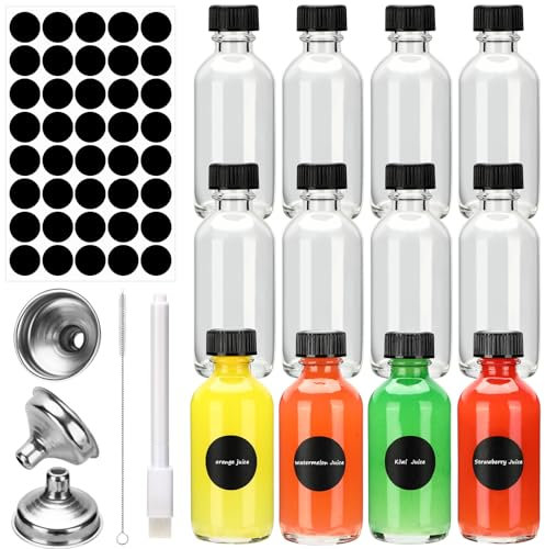 12 Mini Bouteille Verre 60ml, Bouteilles Miniatures Réutilisables avec Bouchons Noirs et Entonnoir, Petite Bouteille en Verre Vide, Mignonette Vide Pour Huiles Essentielles, Shots de Gingembre et Plus