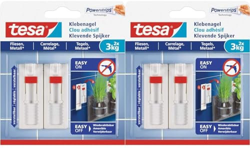 tesa Klebenagel Fliesen&Metalll, verstellbar, 2 Stück - anpassbarer Klebenagel für glatte und feste Oberflächen in Bad und Küche, 3 kg Haltekraft - ablösbar und wiederverwendbar (Packung mit 2)
