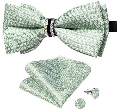 DiBanGu grüne Fliege für Männer Salbei Grün vorgebundene Fliege mit Ring Jacquard gewebte Fliege Einstecktuch Manschettenknöpfe Set