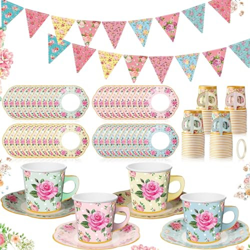 Umigy 98 Pcs Tea Party Decorations 26 ft Tea Floral Party Paper Bunting 6.5 oz Floral Paper Tea Cups with Handle and Saucers Blossom Disposable Tea Cups and Saucers Sets with Tape for Wedding Birthday