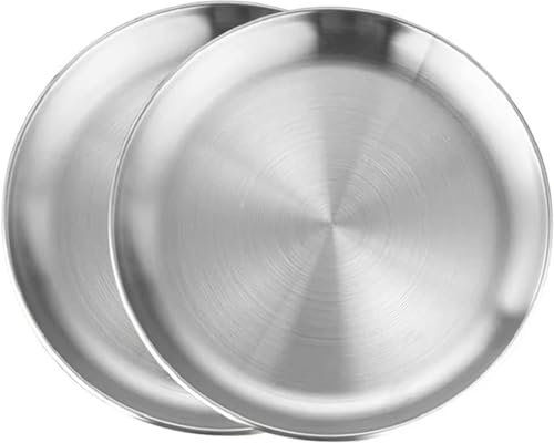 VollfitYYu 2 piatti rotondi in acciaio inox color argento, piatti da portata per insalata, piatti da portata per esterni, feste, picnic, campeggio, matrimoni (23 cm)