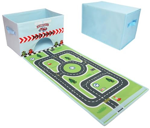 Edsnor Spielzeugautos Aufbewahrungsbox - Auto Spielzeug Box, 2 in 1 zusammenklappbare Spielzeugauto Lagerung (nicht eingeschlossen Autos) Blau