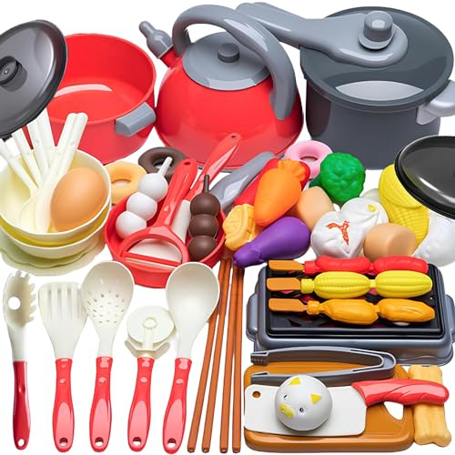 59 Pieza Utensilios Cocina Juguete, Utensilios Cocina Niños, Vajilla Juguete, Accesorios Cocina Juguetes, Juego de Cocina para Niñas, Utensilios de Cocina Juguetes, Comida Juguete Cocinita