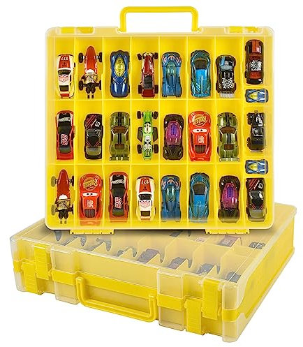Xuerdon Spielzeugauto Aufbewahrungskoffer für Matchbox Cars. Holder Behälter Tasche für LOL Überraschungspuppen/für Shopkins mit 48 Fächern Doppelseitig-Gelb (nur Box)