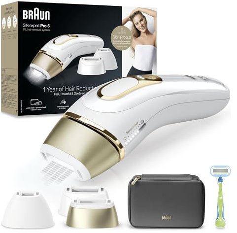 Braun IPL Silk-Expert Pro 5 PL5242 Haarentfernung für Zuhause, Weiß/Gold, Alternative zur Laser-Haarentfernung, mit Etui, Venus-Rasiersystem, 3 Köpfe, Geschenk für Frauen