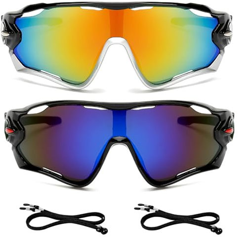 BSITSSS 2 Stücke Schnelle Brille, Sportsonnenbrillen für Herren, Fahrradbrille Winddicht mit Lanyard Ski Sonnenbrille, Laufbrille Damen, Sportbrille UV400 Schutz für MTB Rennrad Fahrrad