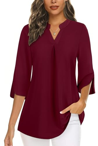 Flikity Women's Blouses & Shirts 3/4 Sleeve Blouses for Women UK Casual Dressy Shirts for Business Attire Elegant Ladies Tops V Neck Professional Office Work Swing Tunics Tops Wine Red Large