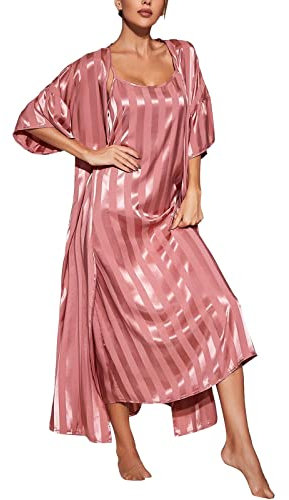 Women's Satin Dressing Gown, Womens Long Satin Robe Striped Satin Robe Women Sexy Nightwear Sleepwear 2 Pcs Set Pajamas Satin Nightdress for Women Long Robes Nightwear Sling Pyjamas