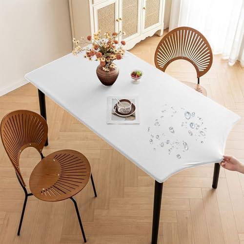 Mateju Exterior Mantel Mesa Rectangular, Mantel Antimanchas Manteles Impermeable, Borde Elástico Lavable Manteles de Mesa para Cocina Comedor Fiestas Picnic (Blanco,90x140cm)