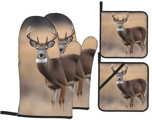 YYHHAOFA Ensemble de 4 pièces de cuisine avec motif cerf à queue blanche – Manique isolante et manique épaisse et durable