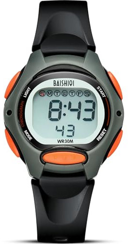 BAISHIOI Kinderuhren Digital Outdoor Multifunktionsuhren für Jungen/Mädchen im Alter von 6-15 Jahren LED 30M Wasserdicht Alarm Kalender Kinderuhren mit Silikonband -Schwarz