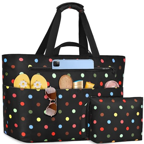 NEWIROVE Bolsa Playa Mujer Grande Xxl Familiar Bolsos Playa Con Cremallera Beach Bag Plegable Bolsa Viaje Ligero Tote Bag Mujer Para Playa, Viajes, Picnic. 50L, Puntini colorati