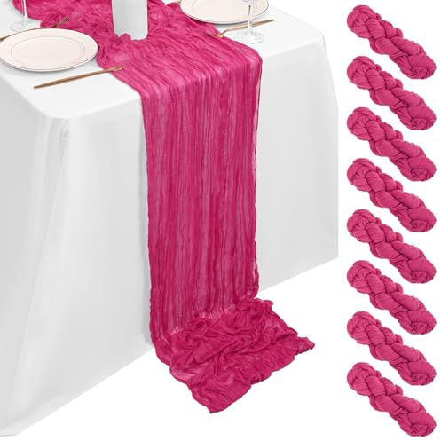 8 Stück Käsetuch Tischläufer Knallrosa 90x300cm, Käsetuch Rustikaler Knallrosa Rustikaler Gaze Stoff Transparent Boho Hochzeit Tischdekoration für Hochzeitsempfang Brautdusche Babyparty