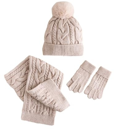 NEXT Mädchen Set mit Zopfmuster-Beanie, Schal und Handschuhen Nerzbraun numeric_110-numeric_116