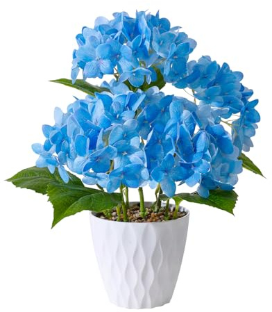 Wenhuidr Blue Artificial Hydrangea Flowers in Pot – Large Real Touch Silk Hydrangea Arrangement with Five Heads, Faux Pot Display for Indoor Home, Office, Table Centrepiece or Wedding Décor