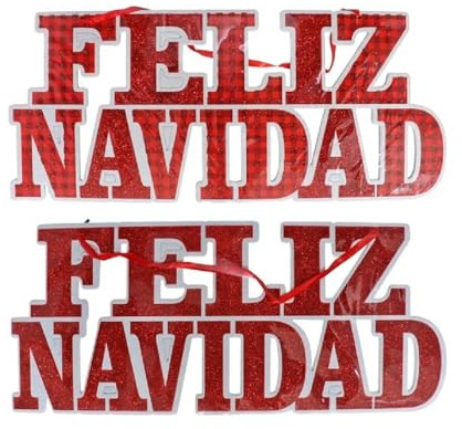 AC - Pack de 2 Letreros Colgantes Feliz Navidad - Estilo Brillante - Fabricado en Plástico - Artículo para decoración navideña - 19 x 44 cm - Modelos aleatorios