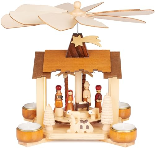 BRUBAKER Weihnachtspyramide aus Holz - 28 cm Holzpyramide - Handbemalt | mit Jesus, Maria, Josef und Stern von Betlehem - Krippe Teelichtpyramide für Weihnachten - Tischpyramide für 4 Teelichter
