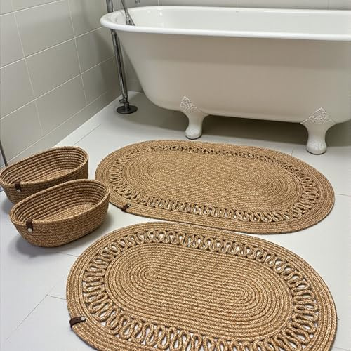 mavaux Boho-Badezimmer-Set aus Jute, 4-teilig – 2× Ovale Badematten & 2× Ovale Aufbewahrungskörbe – Handgefertigt aus natürlichem Seilgeflecht, waschbar, langlebig & stilvolles Boho-Dekor (Natur)