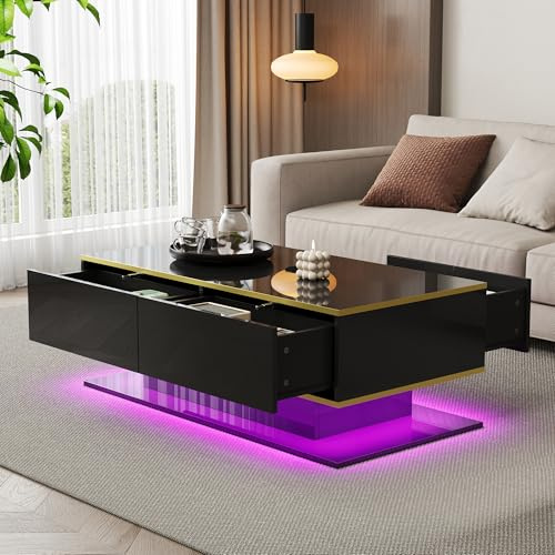 FammyLoft Couchtisch mit USB-LED-Lichtstreifen, Hochglanz Coffee Table mit 3 Schubladen, Moderner Kaffeetisch mit Goldverzierung, Sofatisch, Wohnzimmertisch, für Living Room, 100 * 50 * 40cm, Schwarz
