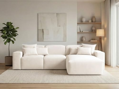 GRAINGOLD Leni Ecksofa 265x180 cm, L-Form Sofa, Ecksofa für Wohnzimmer, Geflechtstoff, 3-Sitzer Eckcouch, Modernes Design (Creme, Rechts)