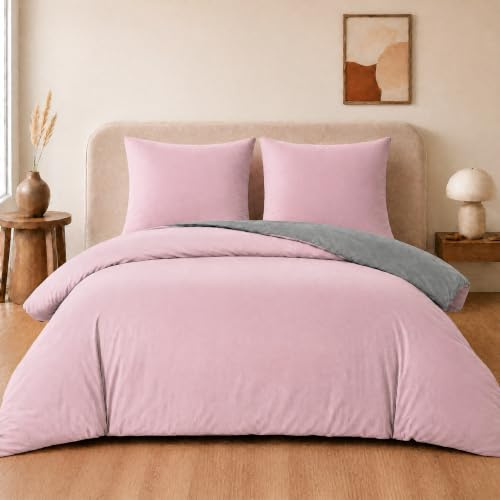 VelvetMis Housse de Couette 220x240 Réversible - Parure de Lit Bicolore Adulte 2 Personnes avec Fermeture éclair Microfibre, Parure Housse Coutte 240 x 220 avec 2 Taie Oreiller 65x65, Rose/Gris