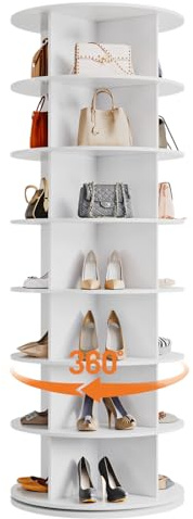 Niwugady 7-Stöckig Drehbares Schuhregal, 360° Schuhkarussell, Platzsparendes Schuhregal, Freistehend & Rund, Aufbewahrungsregal Lagerregal für Hüte, Handtaschen, Ø59cm, H163cm, Weiß